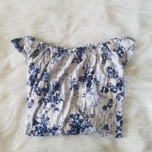 Flowy Blue & White Floral Off Shoulder Top